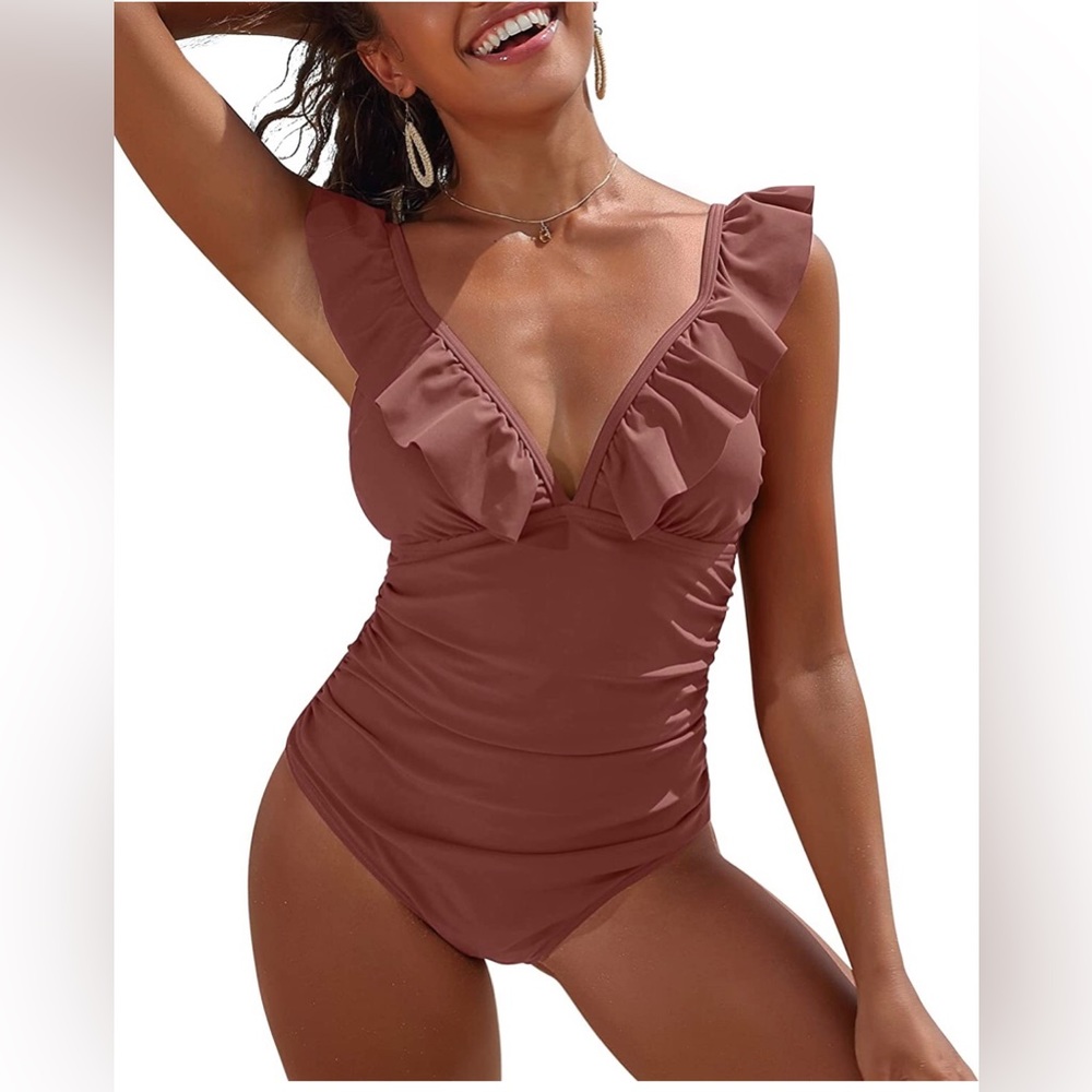 Brand new rose colored one piece ruffle swimsuit-small